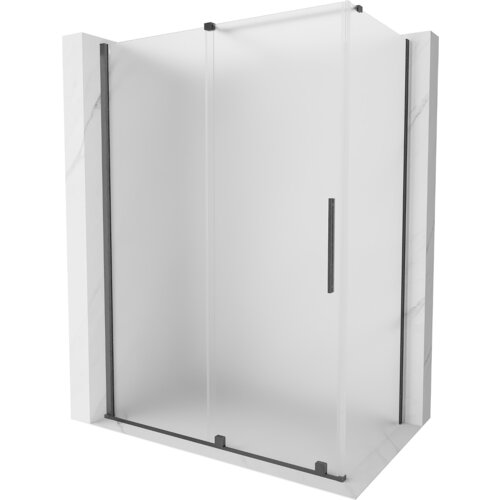 Kabina prysznicowa o wymiarach 150 x 80 cm z matowym szkłem i szczotkowanymi, ciemnoszarymi elementami wykończenia. Produkt ma prostokątny kształt i przesuwane drzwi z pionowym uchwytem.