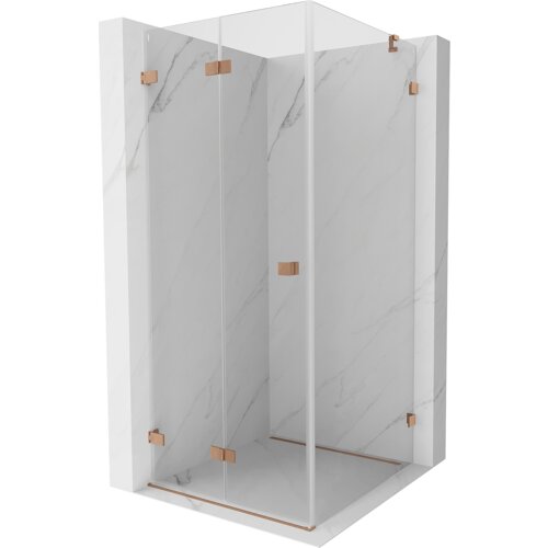Na zdjęciu znajduje się kabina prysznicowa o wymiarach 90 x 90 cm z transparentnym szkłem i elementami w kolorze miedzi szczotkowanej. Kabina ma elegancki, nowoczesny design z marmurowym wzorem na ścianach.