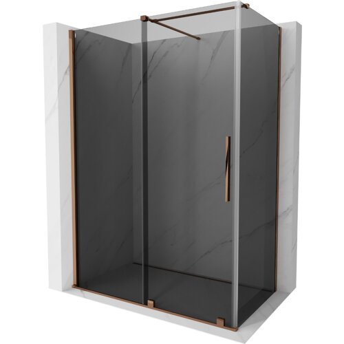 Kabina prysznicowa o wymiarach 130 x 75 cm z grafitowym szkłem i elementami w kolorze różowego złota. Produkt ma prostokątny kształt z przesuwanymi drzwiami i metalowym uchwytem.