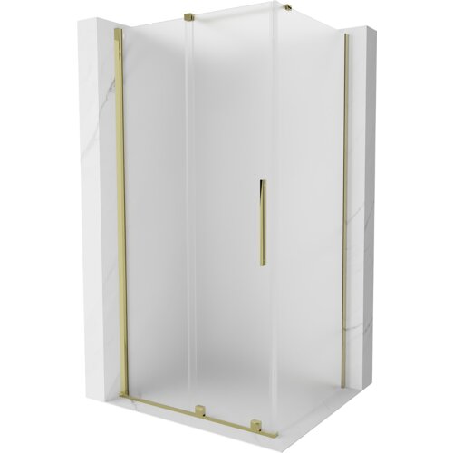 Kabina prysznicowa o wymiarach 100 x 110 cm z matowym szkłem i złotymi elementami wykończenia, w tym uchwytem i ramą. Produkt ma elegancki, nowoczesny design z prostymi liniami i minimalistycznym stylem.