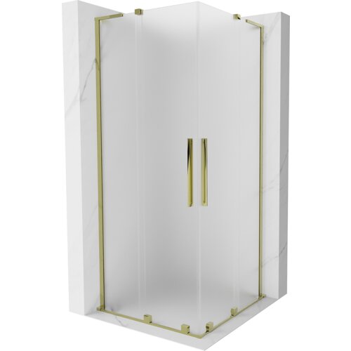 Kabina prysznicowa o wymiarach 80 x 80 cm z matowym szkłem i złotymi elementami wykończenia, w tym uchwytami i ramą. Produkt ma elegancki, nowoczesny design z przesuwanymi drzwiami.