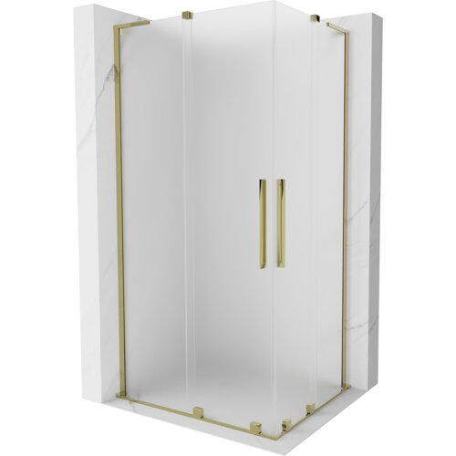 Kabina prysznicowa o wymiarach 90 x 80 cm z rozsuwanymi drzwiami, wykonana z matowego szkła z złotymi elementami wykończenia. Produkt ma elegancki, nowoczesny design z prostymi liniami i złotymi uchwytami.