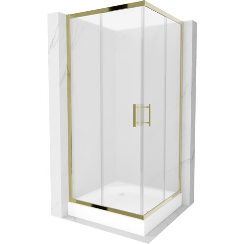 Kwadratowa kabina prysznicowa z przezroczystymi, szronionymi drzwiami i złotymi ramami, wyposażona w biały brodzik. Produkt ma elegancki, nowoczesny design.