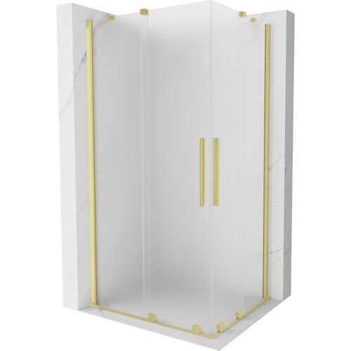 Kabina prysznicowa o szronionych szklanych drzwiach z rozsuwanym mechanizmem, wykończona złotymi szczotkowanymi elementami. Produkt ma wymiary 90 x 80 cm.