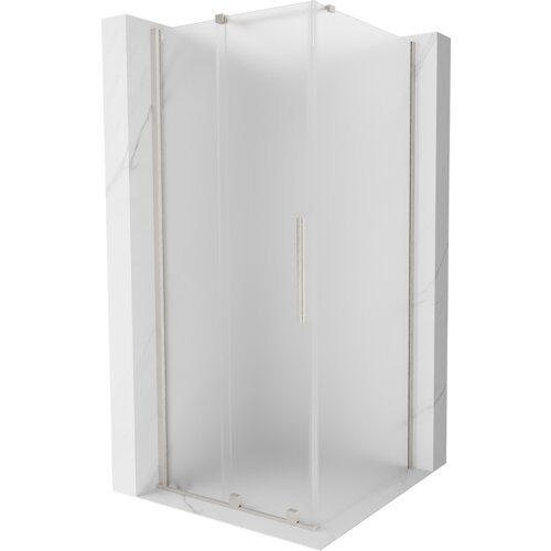 Na zdjęciu znajduje się kabina prysznicowa z rozsuwanymi drzwiami, wykonana z matowego szkła i wykończona w niklu szczotkowanym. Produkt ma wymiary 90 x 90 cm i jest oznaczony jako "Mexen Velar kabina prysznicowa rozsuwana 90 x 90 cm, szron, nikiel szczotkowany - 871-090-090-31-97".