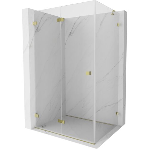 Przezroczysta kabina prysznicowa z marmurowym wzorem na ścianach, wyposażona w złote zawiasy i uchwyty. Produkt ma prostokątny kształt i elegancki, minimalistyczny design.