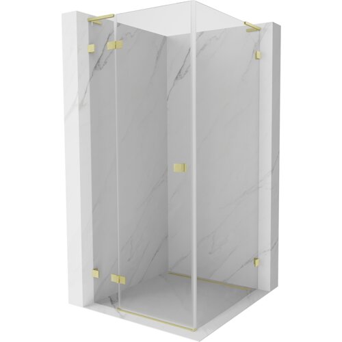 Na zdjęciu znajduje się kabina prysznicowa o wymiarach 70 x 70 cm z transparentnym szkłem i złotymi, szczotkowanymi elementami mocującymi. Ściany kabiny mają marmurowy wzór.