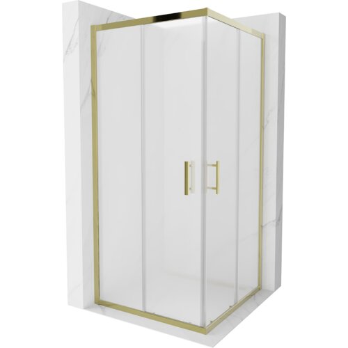 Kwadratowa kabina prysznicowa o wymiarach 90 x 90 cm z matowym szkłem i złotymi elementami wykończenia, w tym uchwytami i ramą. Produkt jest ustawiony na tle imitującym marmur.
