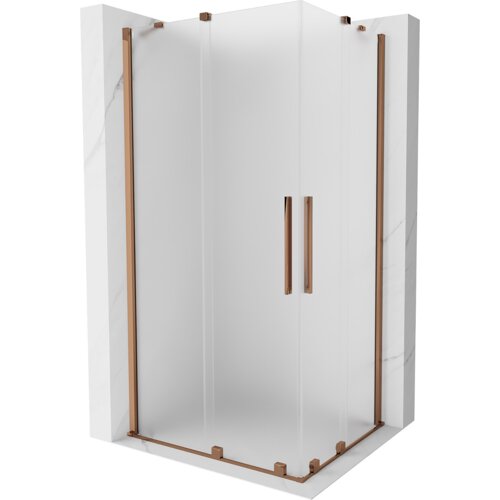 Kabina prysznicowa o wymiarach 100 x 90 cm z rozsuwanymi drzwiami, wykonana z matowego szkła i wykończona w kolorze różowego złota. Produkt ma eleganckie uchwyty i detale w tym samym kolorze.