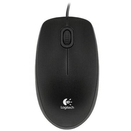 Czarno-szara mysz komputerowa z przewodem, posiadająca dwa przyciski i rolkę przewijania. Na powierzchni myszy widoczne jest logo "Logitech".
