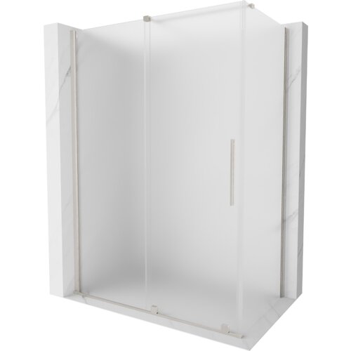Na zdjęciu znajduje się kabina prysznicowa z rozsuwanymi drzwiami, wykonana z matowego szkła i wykończona w niklu szczotkowanym. Produkt ma wymiary 160 x 100 cm i jest oznaczony jako "Mexen Velar kabina prysznicowa rozsuwana 160 x 100 cm, szron, nikiel szczotkowany - 871-160-100-31-97".