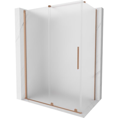 Kabina prysznicowa o wymiarach 130 x 70 cm z rozsuwanymi drzwiami, wykonana z matowego szkła i elementów w kolorze miedzi szczotkowanej. Produkt ma prostokątny kształt i minimalistyczny design.