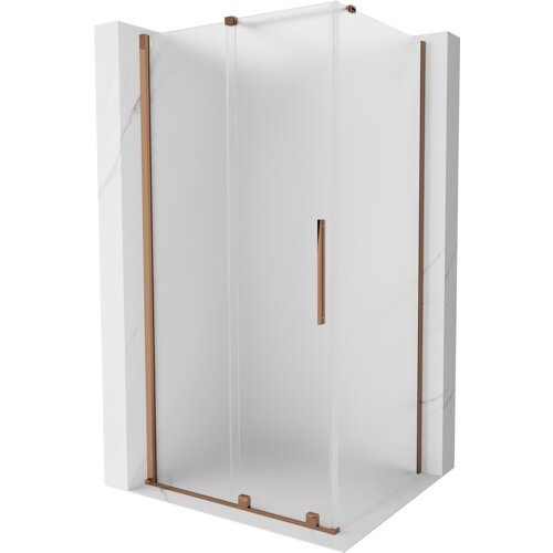 Kabina prysznicowa o wymiarach 120 x 85 cm z rozsuwanymi drzwiami, wykonana z matowego szkła i wykończona w kolorze różowego złota. Produkt ma prostokątny kształt i eleganckie, minimalistyczne uchwyty.