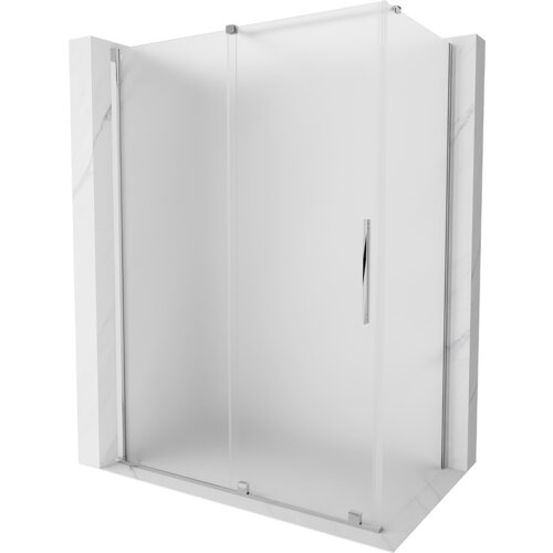 Szklana kabina prysznicowa z matowym wykończeniem i chromowanymi elementami, posiada przesuwane drzwi z metalowym uchwytem. Produkt ma wymiary 150 x 75 cm i jest osadzony na marmurowej podstawie.