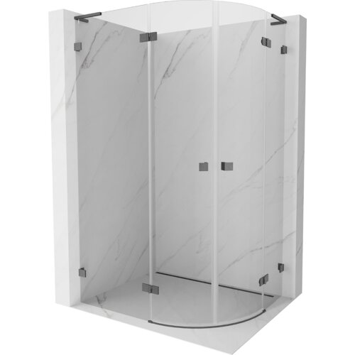 Półokrągła kabina prysznicowa z przezroczystego szkła, z metalowymi elementami w kolorze gun gray, zamontowana na marmurowej ścianie. Kabina ma uchylne drzwi i minimalistyczny design.