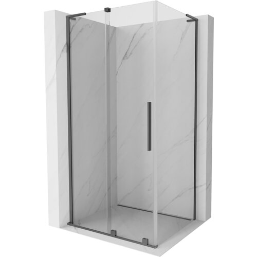 Przesuwana kabina prysznicowa o wymiarach 110 x 100 cm z transparentnym szkłem i metalowymi elementami w kolorze gun metal. Kabina ma prostokątny kształt, a jej drzwi wyposażone są w pionowy uchwyt.
