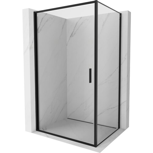 Przeszklona kabina prysznicowa z czarnymi ramami i uchylnymi drzwiami, ustawiona na tle ścian z jasnego marmuru. Produkt to "Mexen Exo kabina prysznicowa uchylna 100 x 90 cm, transparent, czarna - 817-100-090-70-00".
