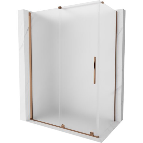 Szklana kabina prysznicowa z rozsuwanymi drzwiami, wykończona w kolorze różowego złota, z matowym szkłem. Produkt ma eleganckie, proste linie i metalowe uchwyty.
