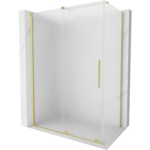 Kabina prysznicowa z przezroczystymi, szronionymi drzwiami i złotymi, szczotkowanymi elementami wykończenia. Produkt ma prostokątny kształt i minimalistyczny design.