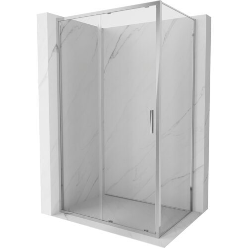 Przesuwana kabina prysznicowa o wymiarach 115 x 70 cm z transparentnym szkłem i chromowanymi elementami, umieszczona na tle ścian z jasnego marmuru. Produkt ma prostokątny kształt i wyposażony jest w pionowy uchwyt na drzwiach.