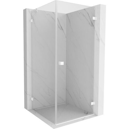 Na zdjęciu znajduje się kabina prysznicowa o przezroczystych szklanych drzwiach i białych elementach konstrukcyjnych, ustawiona na tle ścian z wzorem przypominającym marmur. Produkt to "Mexen Lunar-B kabina prysznicowa uchylna prawa 70 x 70 cm, transparent, biała - 832-070-070-20-00-P".