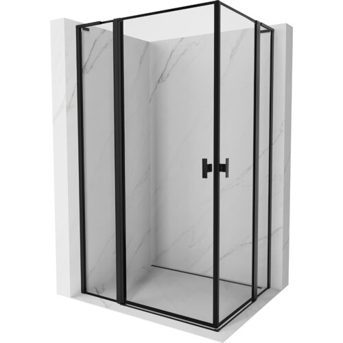 Kabina prysznicowa z czarną ramką i uchylnymi drzwiami, umieszczona na tle ścian z jasnego marmuru. Produkt ma prostokątny kształt i nowoczesny design.