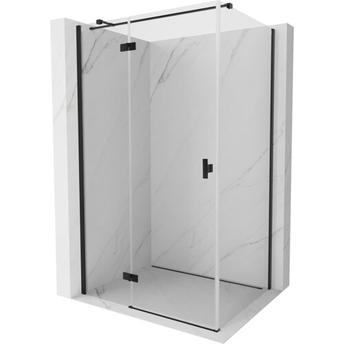 Przeszklona kabina prysznicowa z czarnymi elementami montażowymi, umieszczona na tle ścian z jasnego marmuru. Drzwi kabiny są uchylne, a całość ma minimalistyczny design.