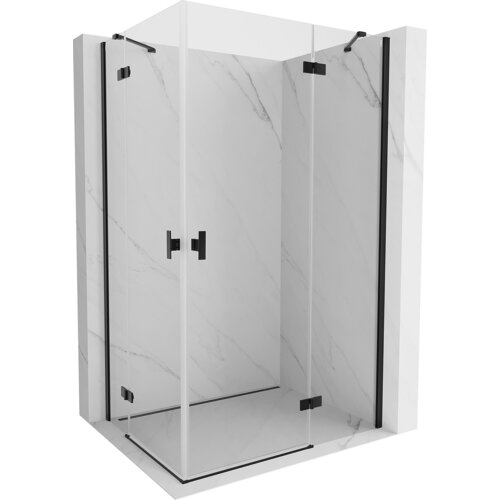 Przeszklona kabina prysznicowa z czarnymi elementami montażowymi, umieszczona na tle imitującym marmur. Produkt to "Mexen Mist-H Duo kabina prysznicowa uchylna prawa 70 x 90 cm, transparent, czarna - 8A5-070L-090P-70-00".