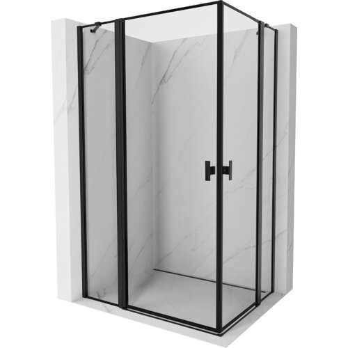 Kabina prysznicowa z czarną ramką i uchylnymi drzwiami, umieszczona w narożniku z marmurowymi ścianami. Produkt ma prostokątny kształt i nowoczesny design.