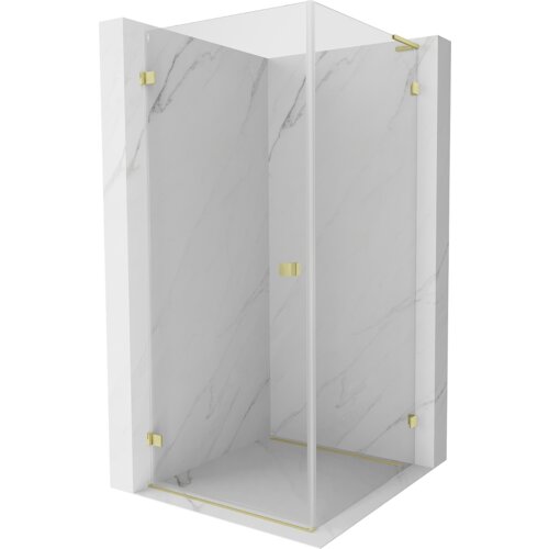 Kabina prysznicowa o wymiarach 70 x 70 cm z transparentnym szkłem i złotymi, szczotkowanymi elementami, umieszczona na tle imitującym marmur. Produkt ma prostą, elegancką konstrukcję z uchylnymi drzwiami.
