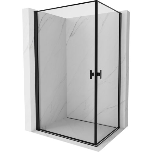 Kabina prysznicowa z czarną ramką i uchylnymi drzwiami, umieszczona na tle ścian z jasnego marmuru. Produkt ma prostokątny kształt i nowoczesny design.