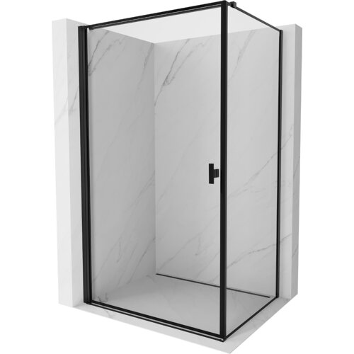 Kabina prysznicowa z czarną ramką i uchylnymi drzwiami, umieszczona w narożniku z marmurowymi ścianami. Produkt ma prostokątny kształt i nowoczesny design.