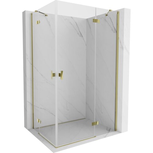 Przeszklona kabina prysznicowa z przezroczystymi drzwiami i złotymi elementami wykończenia, umieszczona na tle imitującym marmur. Produkt ma elegancki, nowoczesny design z prostymi liniami i metalowymi uchwytami.