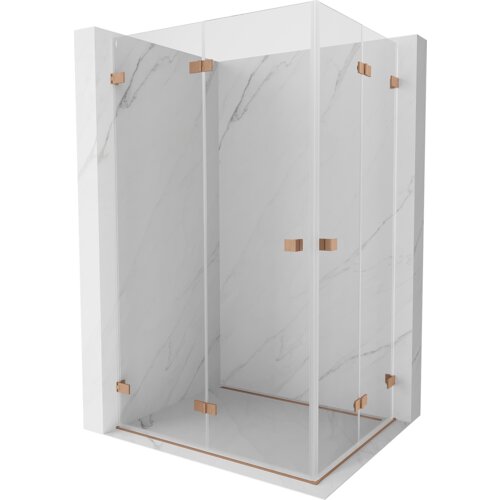 Na zdjęciu znajduje się składana kabina prysznicowa o wymiarach 90 x 80 cm, wykonana z transparentnego szkła i elementów w kolorze miedzi szczotkowanej. Kabina jest umieszczona na tle ścian z jasnego marmuru.