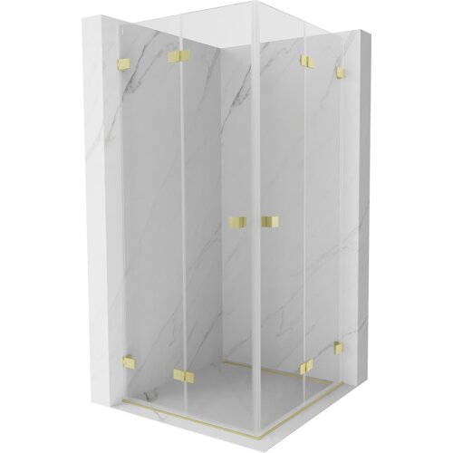 Na zdjęciu znajduje się składana kabina prysznicowa o wymiarach 95 x 95 cm z transparentnym szkłem i złotymi, szczotkowanymi elementami. Kabina ma elegancki, nowoczesny design z marmurowym wzorem na ścianach.