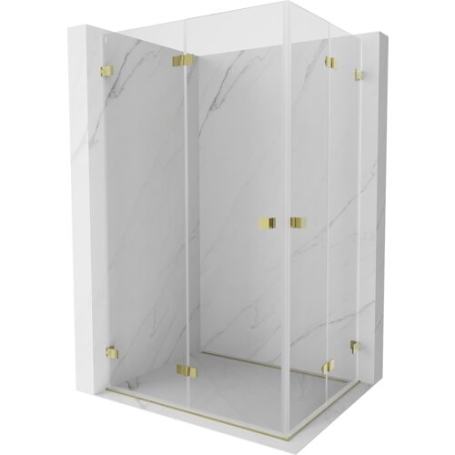 Przeszklona kabina prysznicowa o wymiarach 90 x 70 cm z transparentnymi ścianami i złotymi elementami montażowymi, ustawiona na tle ścian z jasnego marmuru. Kabina ma składane drzwi i minimalistyczny design.