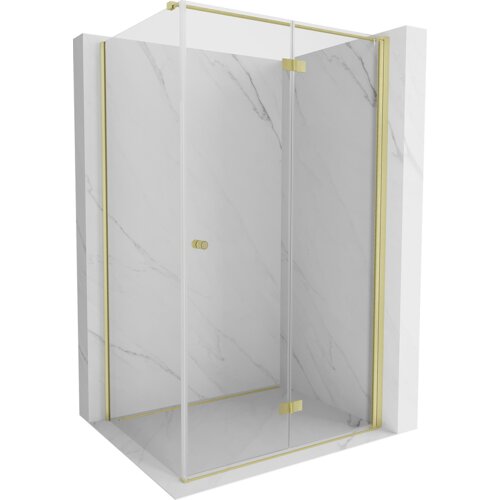 Przezroczysta kabina prysznicowa z marmurowymi ścianami i złotymi elementami wykończenia, w tym zawiasami i uchwytem. Produkt ma elegancki, nowoczesny design.