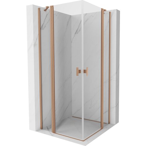Kabina prysznicowa o wymiarach 110 x 110 cm z transparentnym szkłem i elementami w kolorze miedzi szczotkowanej, umieszczona w narożniku z marmurowymi ścianami. Drzwi kabiny mają uchwyt w kolorze miedzi, a całość jest utrzymana w minimalistycznym stylu.