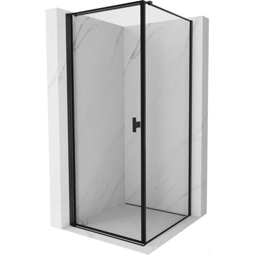 Kabina prysznicowa z czarną ramką i uchylnymi drzwiami, umieszczona w narożniku z marmurowymi ścianami. Produkt ma prostokątny kształt i nowoczesny design.
