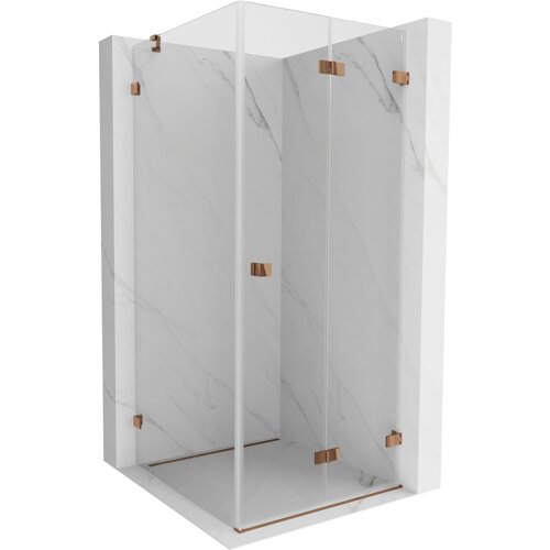 Kabina prysznicowa o wymiarach 70 x 70 cm z transparentnym szkłem i elementami w kolorze różowego złota, umieszczona na tle imitującym marmur. Produkt ma składane drzwi i eleganckie, metaliczne uchwyty oraz zawiasy.