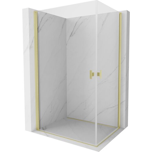 Kabina prysznicowa z przezroczystego szkła z uchylnymi drzwiami, posiada złote, szczotkowane wykończenia. Ściany kabiny mają wzór przypominający marmur.