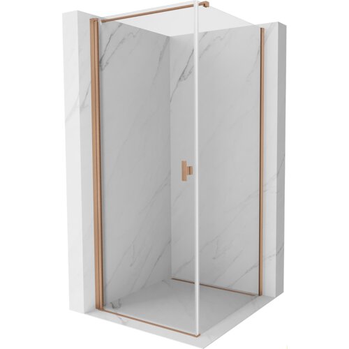 Kabina prysznicowa o wymiarach 100 x 100 cm z transparentnym szkłem i elementami w kolorze miedzi szczotkowanej, umieszczona w narożniku z marmurowymi ścianami. Drzwi kabiny mają prostokątny uchwyt w kolorze miedzi.