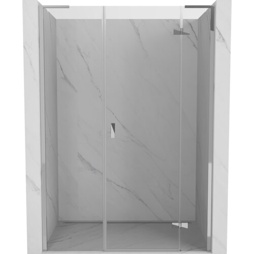 Przeszklone drzwi prysznicowe z uchwytem, osadzone w chromowanej ramie, na tle ścian z jasnego marmuru. Produkt to "Mexen Mist-H L drzwi prysznicowe uchylne prawe 125 cm, transparent, chrom - 8A5L-125-001-01-00-P".