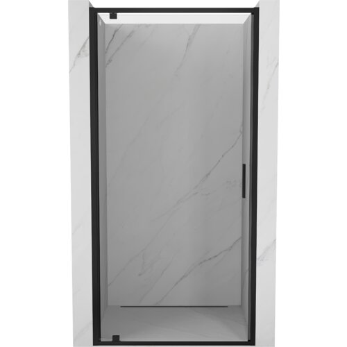 Drzwi prysznicowe uchylne o szerokości 70 cm, wykonane z przezroczystego szkła, z czarnymi ramami i uchwytem, umieszczone na tle ściany z jasnego marmuru. Produkt oznaczony jest jako "Mexen Exo - 8181-070-000-70-00".