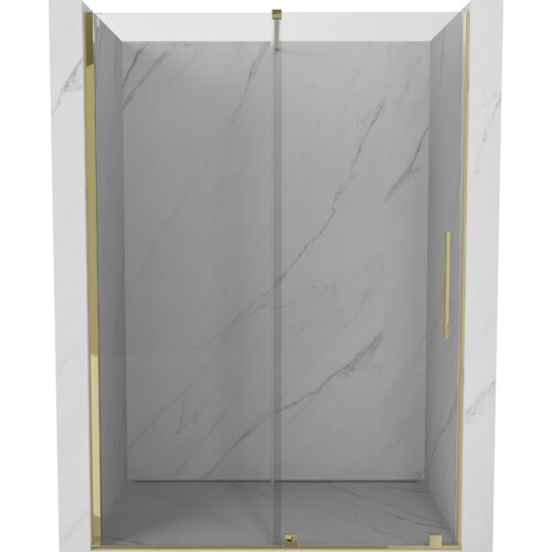 Przesuwane drzwi prysznicowe o szerokości 160 cm z transparentnego szkła, z elementami w kolorze złotym, zamontowane w marmurowej wnęce. Produkt ma prosty, nowoczesny design z pionowym uchwytem.