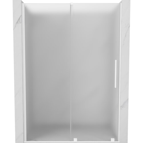 Na zdjęciu widoczne są białe, szronione drzwi prysznicowe o szerokości 160 cm z pionowym uchwytem po prawej stronie. Produkt ma prosty, nowoczesny design z gładką powierzchnią.