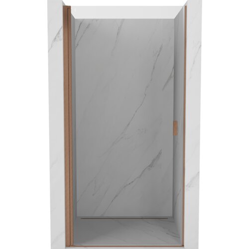 Drzwi prysznicowe uchylne o szerokości 70 cm, wykonane z transparentnego szkła, z elementami w kolorze miedzi szczotkowanej, zamontowane w marmurowej wnęce. Produkt ma prosty, nowoczesny design z widocznymi miedzianymi uchwytami i ramą.