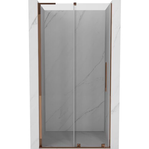 Przesuwane drzwi prysznicowe o szerokości 120 cm, wykonane z transparentnego szkła, z elementami w kolorze różowego złota. Produkt ma elegancki, nowoczesny design z prostymi liniami i marmurowym wzorem na ścianach.