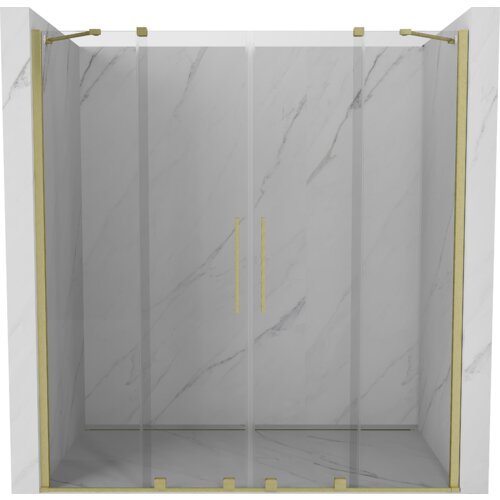 Przeszklone drzwi prysznicowe o złotych, szczotkowanych ramach i uchwytach, zamontowane w marmurowej wnęce. Produkt to "Mexen Velar Duo drzwi prysznicowe rozsuwane 170 cm, transparent, złote szczotkowane - 871-170-000-02-55".