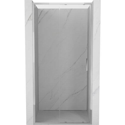 Przesuwane drzwi prysznicowe o wymiarze 120 cm, wykonane z przezroczystego szkła, z chromowanymi elementami, umieszczone w marmurowej wnęce. Produkt ma prosty, nowoczesny design z widocznym uchwytem.